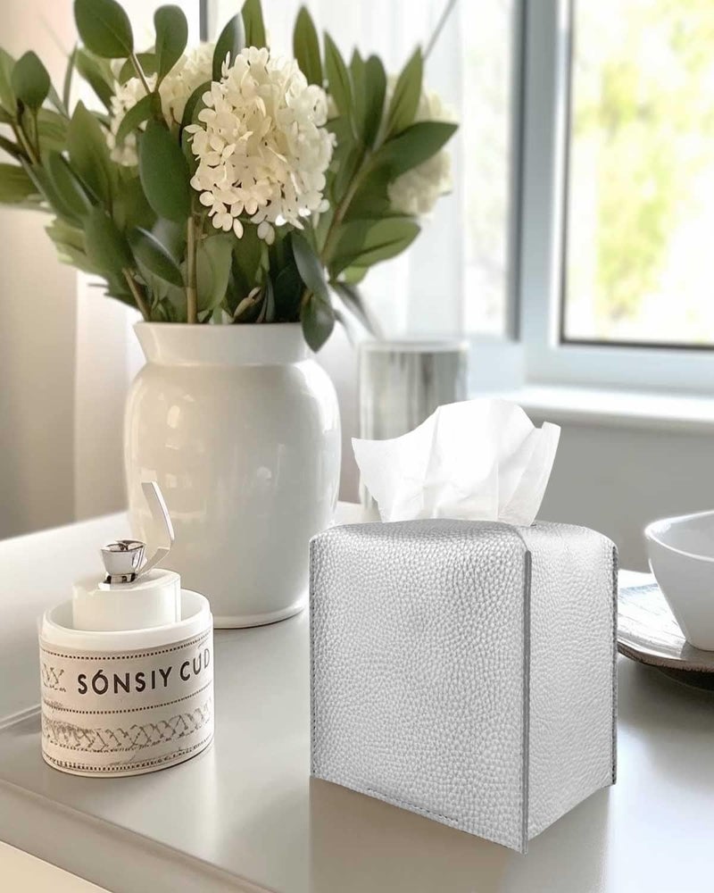 JESMINI Silver Tissue Box Cover Leather – Square Tissue Box Holder with Bottom Belt by , Modern PU Leather Cube Tissue Holder for Bathroom Vanity Countertop/Night Stands/Office - Image 3